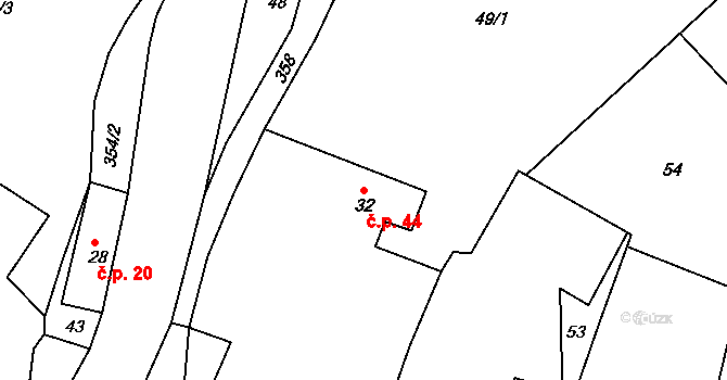Hněvčeves 44 na parcele st. 32 v KÚ Hněvčeves, Katastrální mapa
