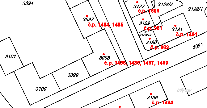 Sokolov 1486,1487,1488,1489 na parcele st. 3098 v KÚ Sokolov, Katastrální mapa