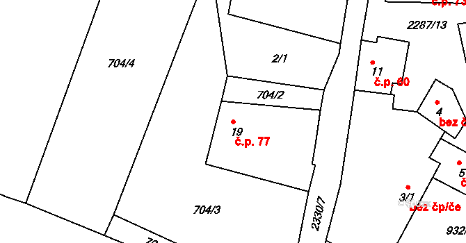 Břežany 77 na parcele st. 19 v KÚ Břežany, Katastrální mapa