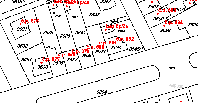 Záběhlice 681, Praha na parcele st. 3643 v KÚ Záběhlice, Katastrální mapa