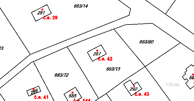 Halouny 42, Svinaře na parcele st. 287 v KÚ Svinaře, Katastrální mapa