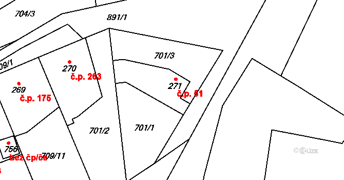 Stará Huť 51 na parcele st. 271 v KÚ Stará Huť, Katastrální mapa