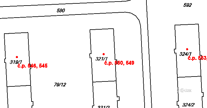 Neředín 549,550, Olomouc na parcele st. 321/1 v KÚ Neředín, Katastrální mapa