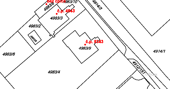 Chomutov 5343 na parcele st. 4983/9 v KÚ Chomutov I, Katastrální mapa