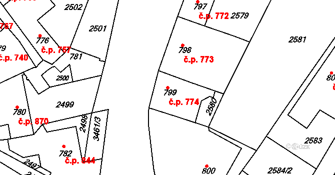 Rosice 774 na parcele st. 799 v KÚ Rosice u Brna, Katastrální mapa