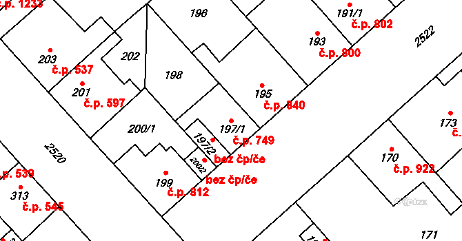 Doubravka 749, Plzeň na parcele st. 197/1 v KÚ Doubravka, Katastrální mapa