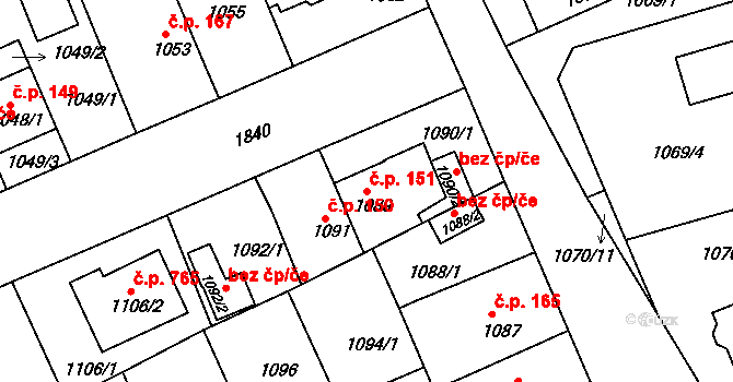 Černice 151, Plzeň na parcele st. 1089 v KÚ Bručná, Katastrální mapa