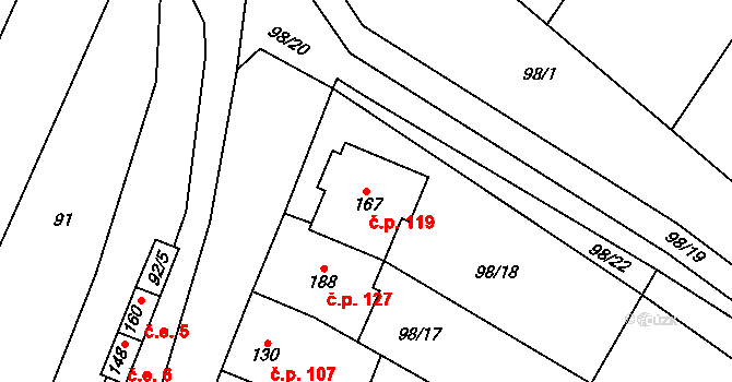 Žešov 119, Prostějov na parcele st. 167 v KÚ Žešov, Katastrální mapa