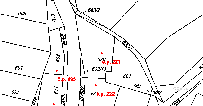 Deblín 221 na parcele st. 680 v KÚ Deblín, Katastrální mapa