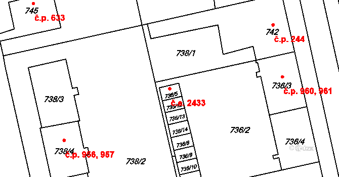 Lobzy 2433, Plzeň na parcele st. 736/5 v KÚ Lobzy, Katastrální mapa