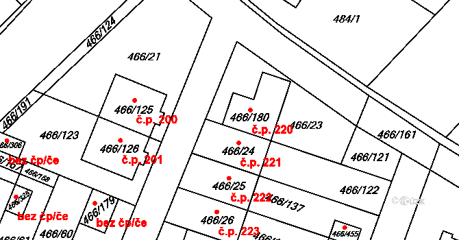 Rebešovice 220 na parcele st. 466/180 v KÚ Rebešovice, Katastrální mapa