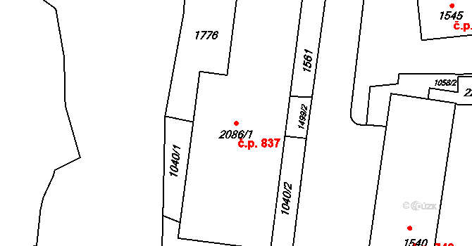 Krásno nad Bečvou 837, Valašské Meziříčí na parcele st. 2086/1 v KÚ Krásno nad Bečvou, Katastrální mapa