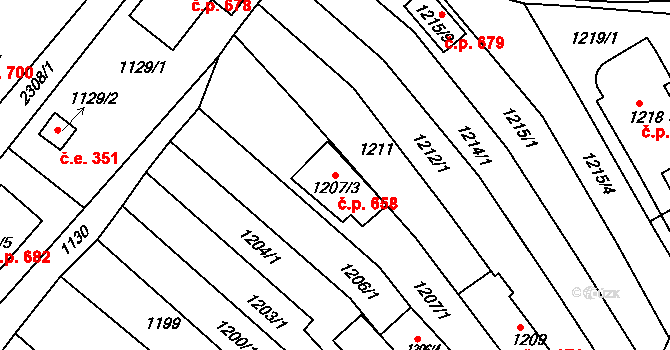 Obřany 658, Brno na parcele st. 1207/3 v KÚ Obřany, Katastrální mapa