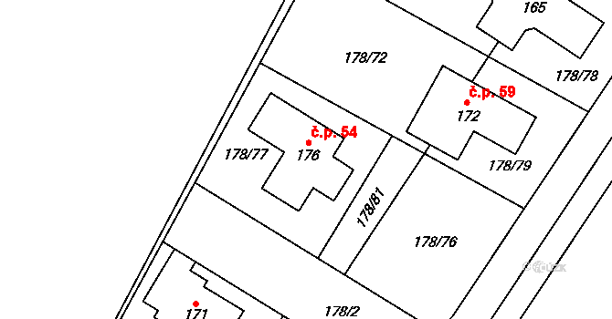Holičky 54, Třeboň na parcele st. 176 v KÚ Holičky u Staré Hlíny, Katastrální mapa