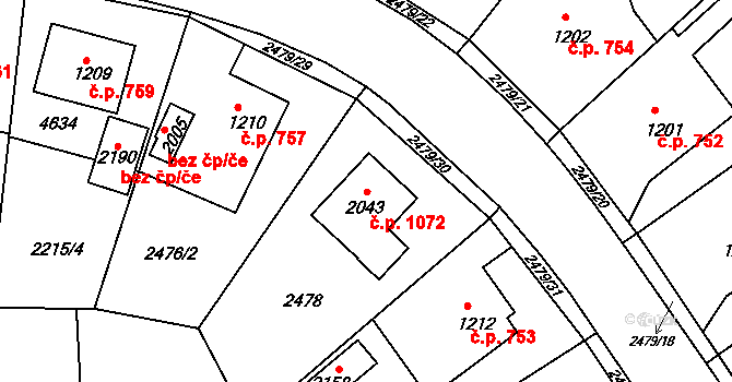 Valašské Klobouky 1072 na parcele st. 2043 v KÚ Valašské Klobouky, Katastrální mapa