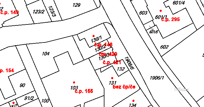 Petřkovice 421, Ostrava na parcele st. 130/3 v KÚ Petřkovice u Ostravy, Katastrální mapa