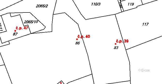 Olší nad Oslavou 40, Velké Meziříčí na parcele st. 86 v KÚ Olší nad Oslavou, Katastrální mapa