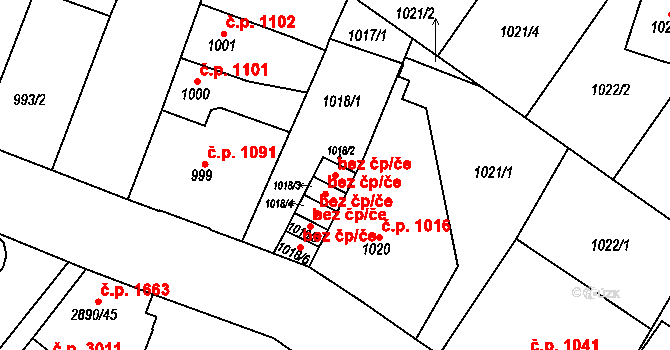 Opava 38091518 na parcele st. 1018/2 v KÚ Opava-Předměstí, Katastrální mapa