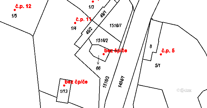 Bušanovice 39937518 na parcele st. 66 v KÚ Bušanovice, Katastrální mapa