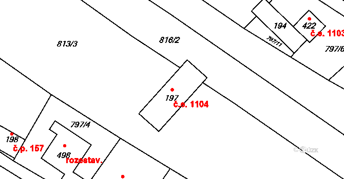 Horní Lhota 1104 na parcele st. 197 v KÚ Horní Lhota u Ostravy, Katastrální mapa