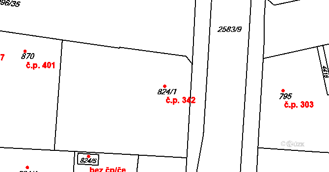 Zelené Předměstí 342, Pardubice na parcele st. 824/1 v KÚ Pardubice, Katastrální mapa