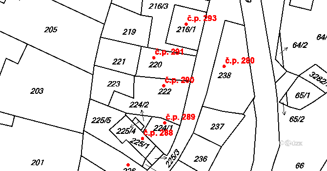 Kamenice nad Lipou 290 na parcele st. 222 v KÚ Kamenice nad Lipou, Katastrální mapa