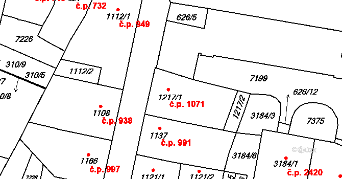 Žatec 1071 na parcele st. 1217/1 v KÚ Žatec, Katastrální mapa