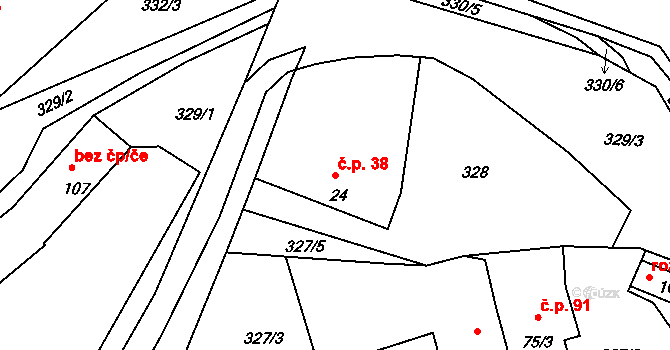 Hůrky 38, Lišov na parcele st. 24 v KÚ Hůrky u Lišova, Katastrální mapa