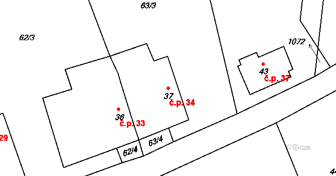 Něchov 34, Trhové Sviny na parcele st. 37 v KÚ Něchov, Katastrální mapa