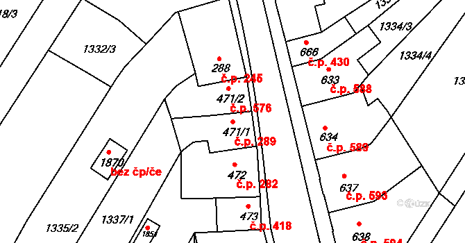 Trhové Sviny 289 na parcele st. 471/1 v KÚ Trhové Sviny, Katastrální mapa