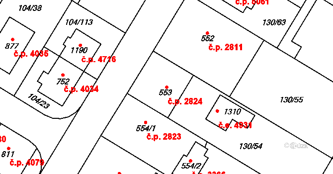 Jihlava 2824 na parcele st. 553 v KÚ Bedřichov u Jihlavy, Katastrální mapa