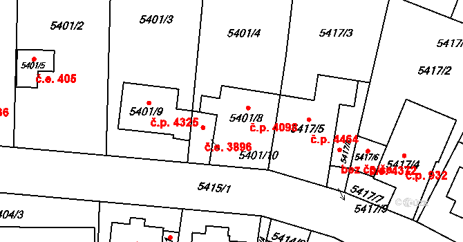 Jihlava 4098 na parcele st. 5401/8 v KÚ Jihlava, Katastrální mapa