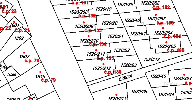 Křečkovice 135, Vyškov na parcele st. 1520/211 v KÚ Vyškov, Katastrální mapa