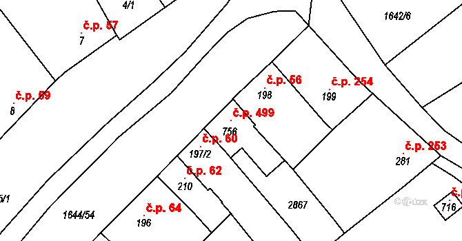 Přibice 499 na parcele st. 756 v KÚ Přibice, Katastrální mapa