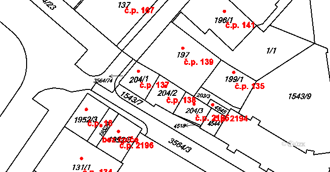 Rožnov pod Radhoštěm 138 na parcele st. 204/2 v KÚ Rožnov pod Radhoštěm, Katastrální mapa