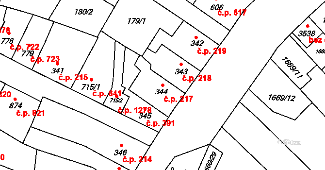 Hořice 217 na parcele st. 344 v KÚ Hořice v Podkrkonoší, Katastrální mapa