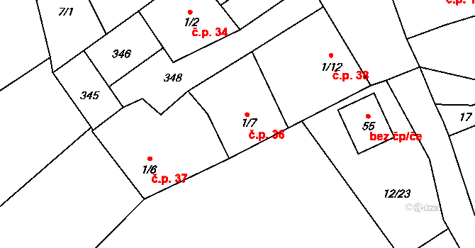 Vrbice 36 na parcele st. 1/7 v KÚ Vrbice u Vacova, Katastrální mapa