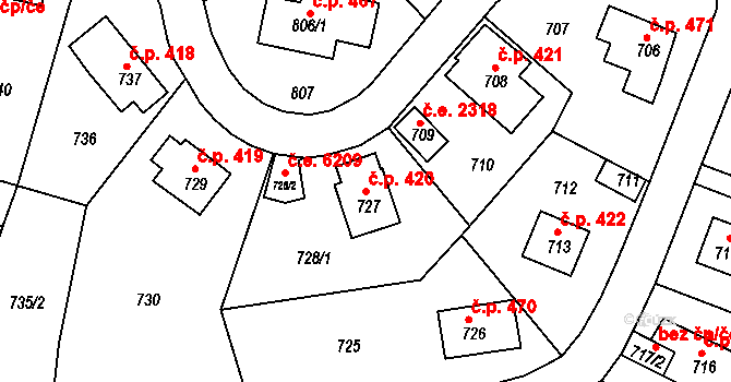 Střekov 420, Ústí nad Labem na parcele st. 727 v KÚ Střekov, Katastrální mapa