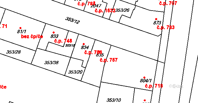 Lysá nad Labem 757 na parcele st. 835 v KÚ Lysá nad Labem, Katastrální mapa