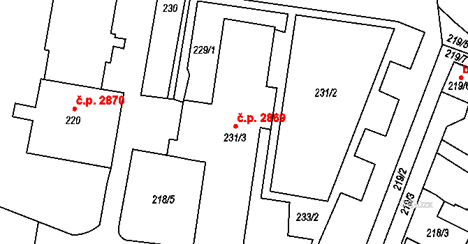 Teplice 2869 na parcele st. 231/3 v KÚ Teplice, Katastrální mapa