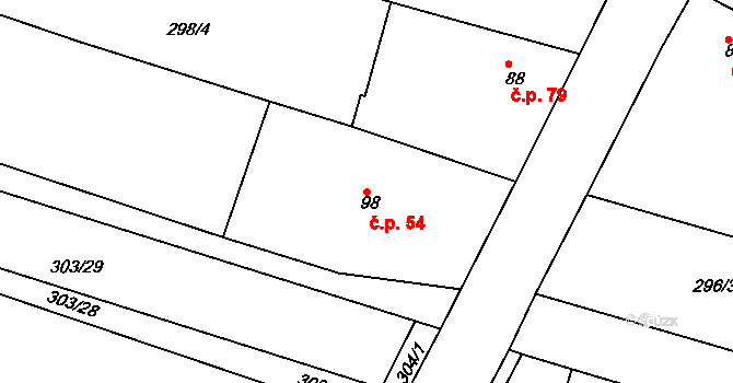Třesovice 54 na parcele st. 98 v KÚ Třesovice, Katastrální mapa