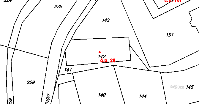 Chlum 28, Nalžovice na parcele st. 142 v KÚ Nalžovice, Katastrální mapa