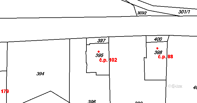 Řícmanice 102 na parcele st. 395 v KÚ Řícmanice, Katastrální mapa