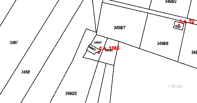 Kuřim 1365 na parcele st. 3494/3 v KÚ Kuřim, Katastrální mapa