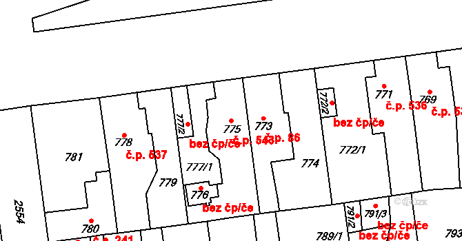 Skvrňany 543, Plzeň na parcele st. 775 v KÚ Skvrňany, Katastrální mapa