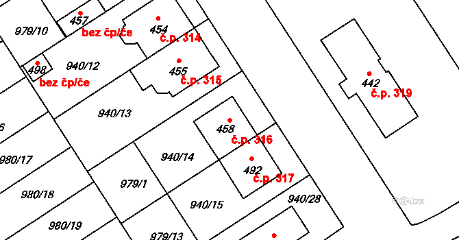 Hostěrádky-Rešov 316 na parcele st. 458 v KÚ Hostěrádky, Katastrální mapa