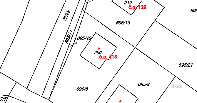Hlavatce 118 na parcele st. 206 v KÚ Hlavatce, Katastrální mapa