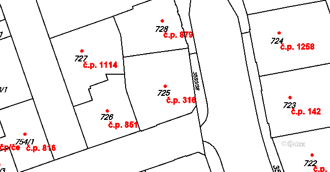 Moravská Ostrava 316, Ostrava na parcele st. 725 v KÚ Moravská Ostrava, Katastrální mapa
