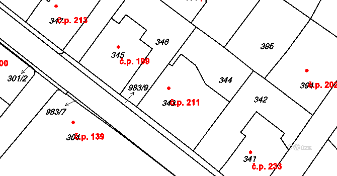 Hvozdná 211 na parcele st. 343 v KÚ Hvozdná, Katastrální mapa