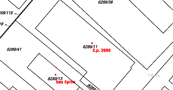 Jižní Předměstí 2960, Plzeň na parcele st. 8289/11 v KÚ Plzeň, Katastrální mapa